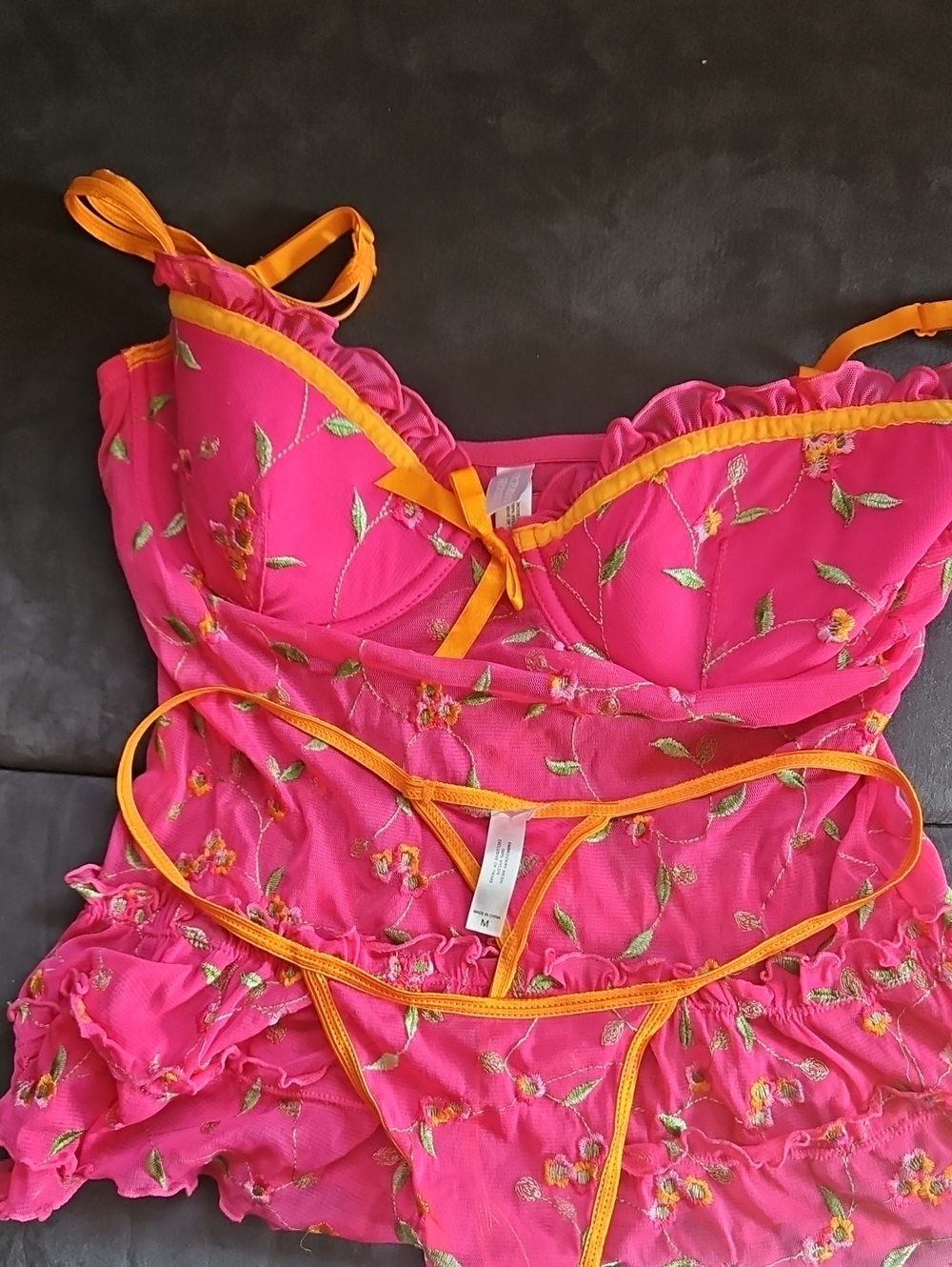 Victoria's Secret Hot Pink Floral Lace Chemise Set with Orange Trim